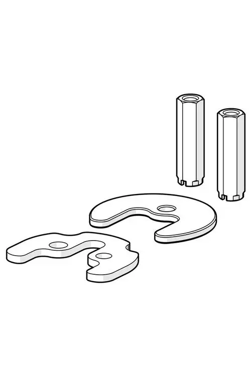 Befestigungssatz von HANSA bestehend aus mehreren Verbindungselementen, darunter Platten und zylindrische Teile, schematisch dargestellt.